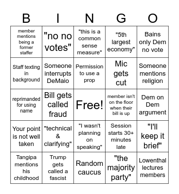 End of Session Bingo Card