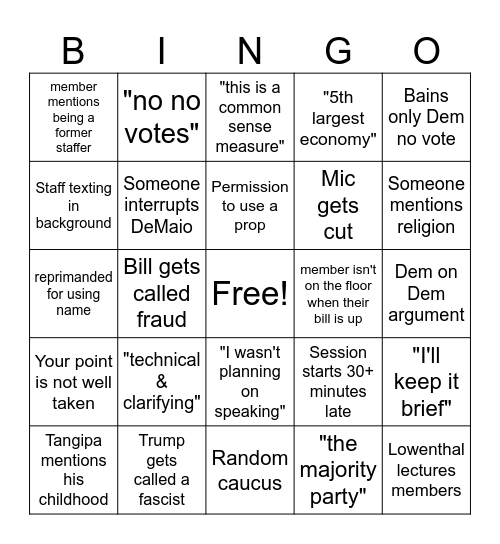 End of Session Bingo Card