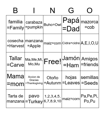 Spanish Classes Noviembre Vocabulario Bingo Card
