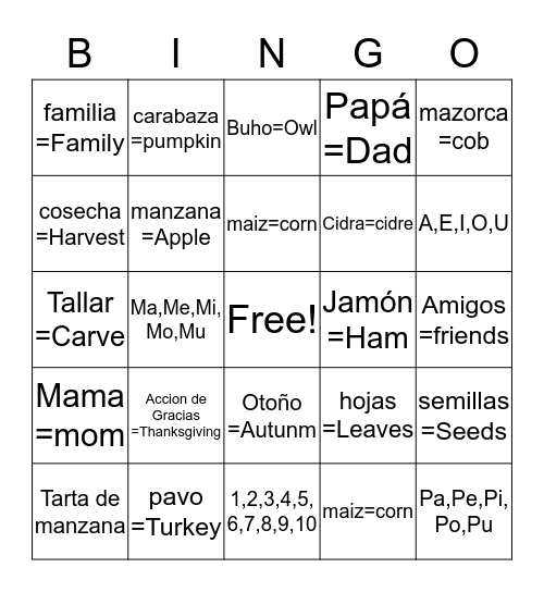 Spanish Classes Noviembre Vocabulario Bingo Card