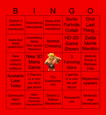 Nintendo Direct 12/09/25 Bingo Card
