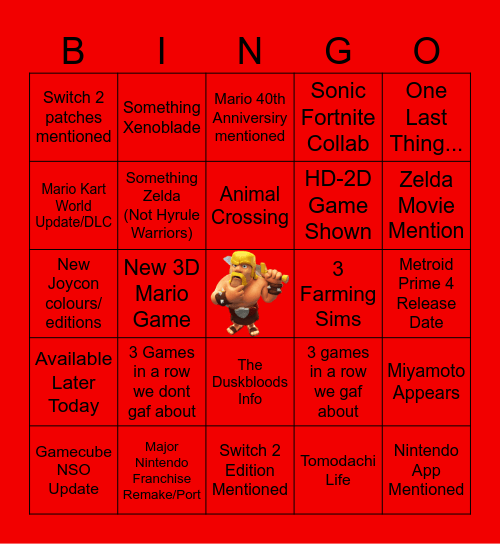 Nintendo Direct 12/09/25 Bingo Card