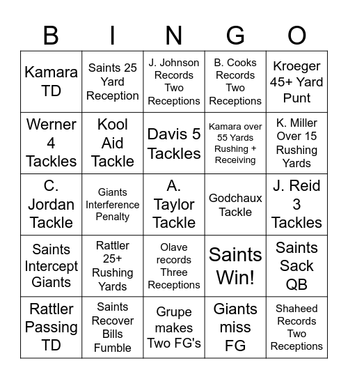 Giants vs Saints Bingo Card