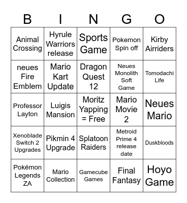 Nintendo Direct 12.9 Bingo Card