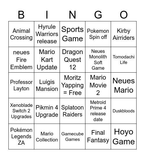 Nintendo Direct 12.9 Bingo Card