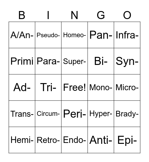 Prefix Bingo Card