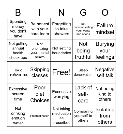 Bad Habits Bingo Card
