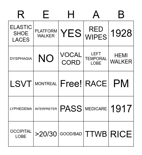 REHAB WEEK BINGO Card