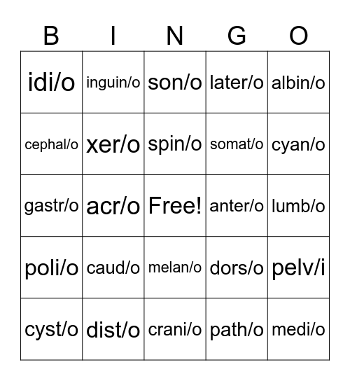 Body System Bingo Card