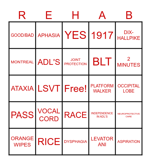 REHAB WEEK BINGO Card