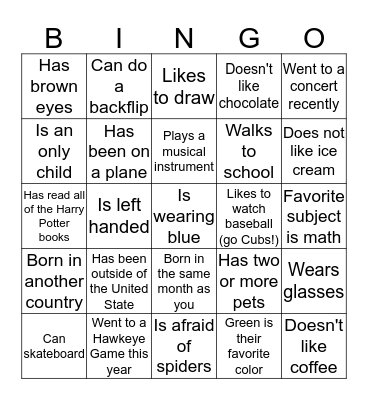 Get To Know You Classmates Bingo Card