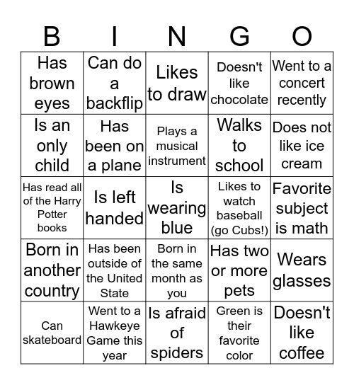 Get To Know You Classmates Bingo Card