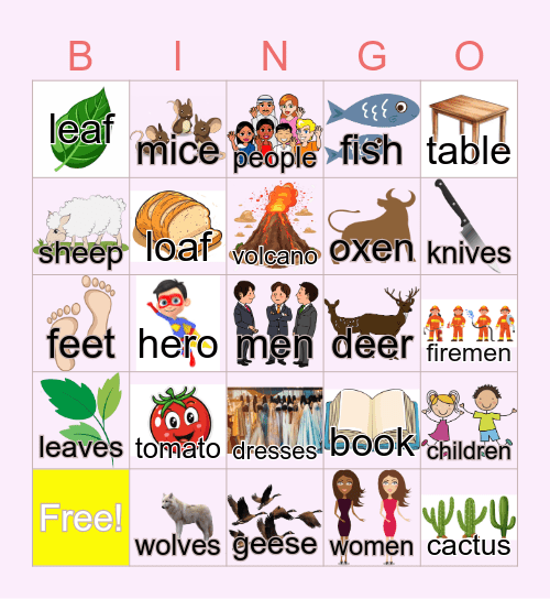 Regular/Irregular plural nouns Bingo Card
