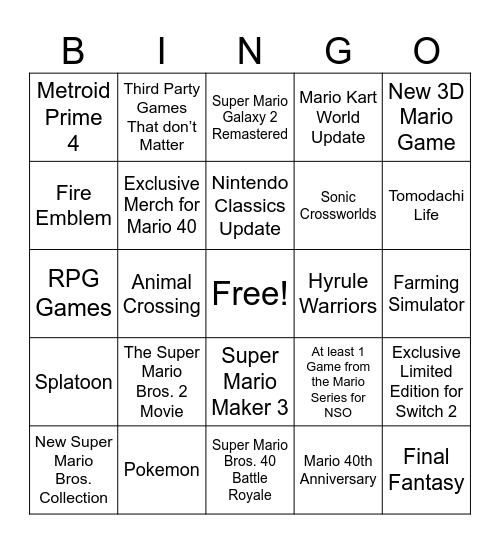 Nintendo Direct Bingo Card