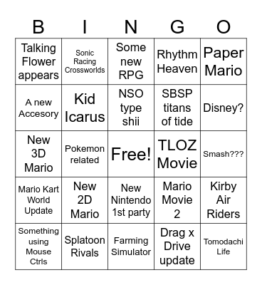 Nintendo Direct 9/12/25 Bingo Card