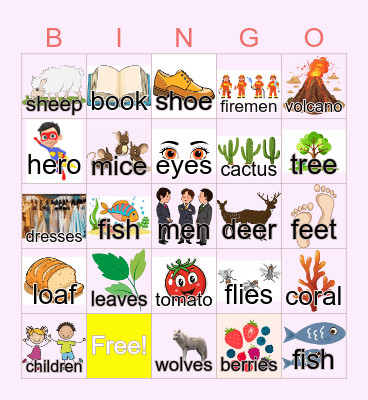 Regular/Irregular plural nouns Bingo Card