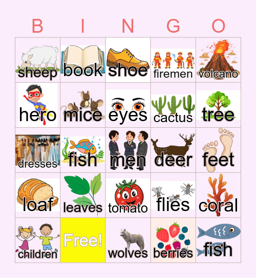 Regular/Irregular plural nouns Bingo Card