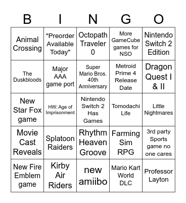 Nintendo Direct Prediction 09.12.2025 Bingo Card