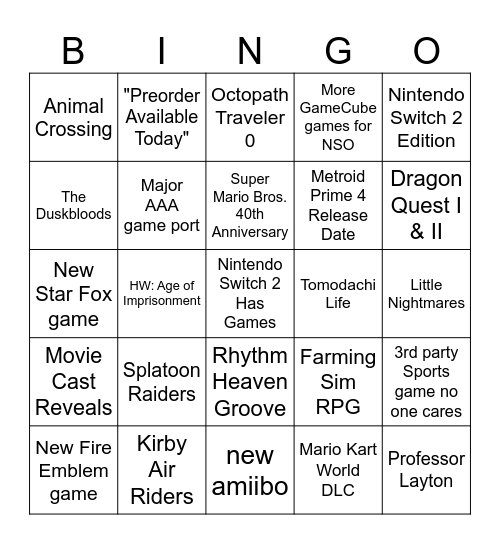 Nintendo Direct Prediction 09.12.2025 Bingo Card