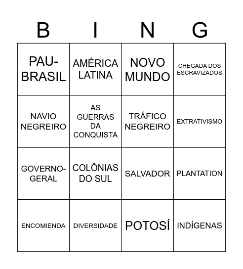 BINGO DAS COLNIZAÇÕES Bingo Card