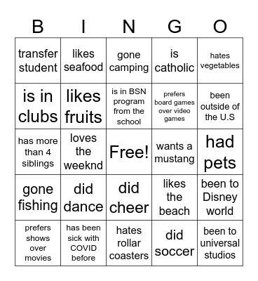 Get To Know You Bingo Card