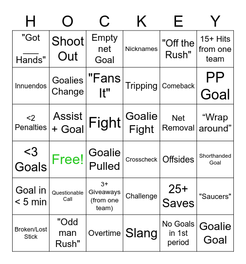 Hockey Bingo Card