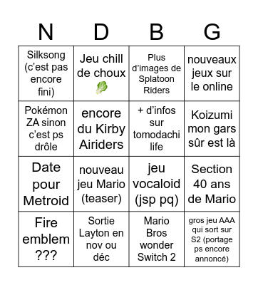 Nintendo Direct 12/09/25 Bingo Card