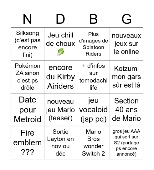 Nintendo Direct 12/09/25 Bingo Card