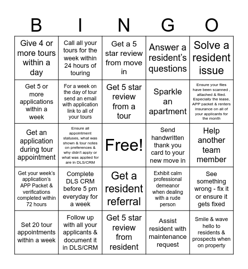 Leasing Bingo Card
