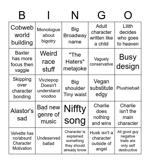 Hazbin Hotel season 2 Bingo Card