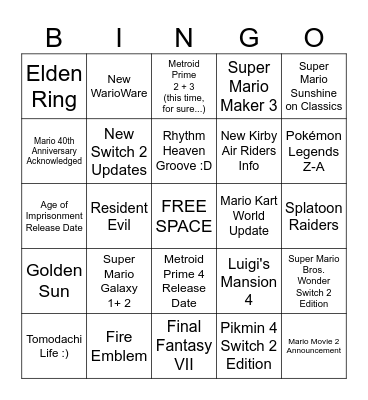 Nintendo Direct 9.12.25 Bingo Card