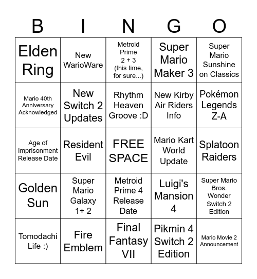 Nintendo Direct 9.12.25 Bingo Card