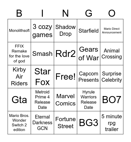 Nintendo Direct Sep 2025 Bingo Card