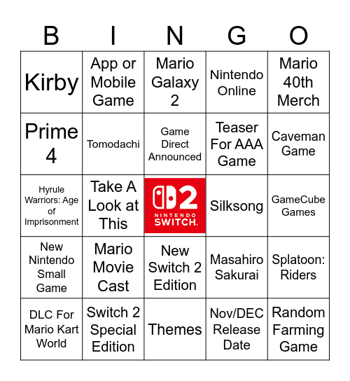 Nintendo direct Bingo Card