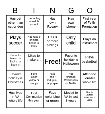Get to Know You Bingo Card