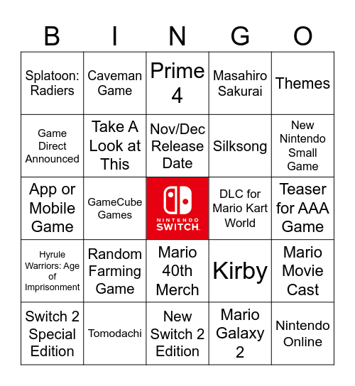 Nintendo Direct Bingo Card