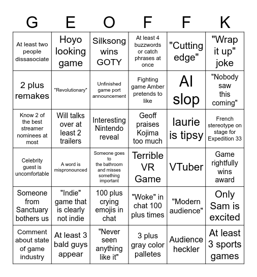 Game Awards Bingo Card Bingo Card