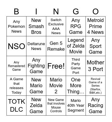 Nintendo Direct 9/12/25 Bingo Card