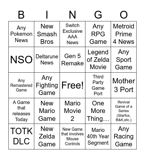 Nintendo Direct 9/12/25 Bingo Card