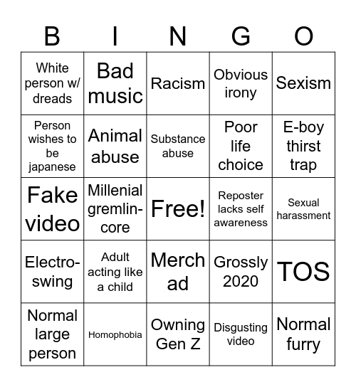 Cringe Comp Bingo Card