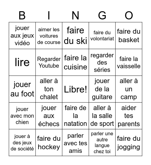 Ce que tu aimes faire Bingo Card
