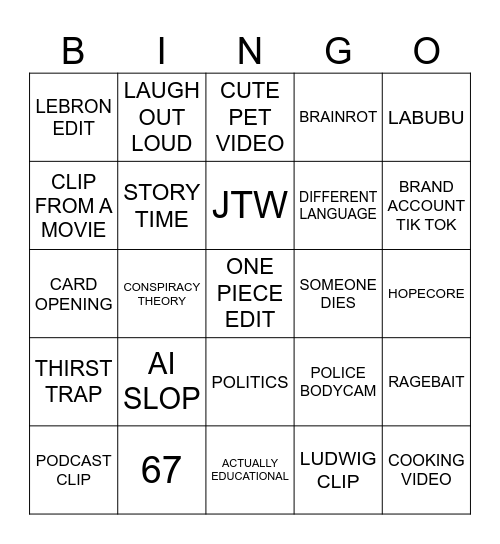 TIK TOK BINGO Card
