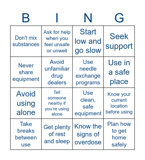Harm Reduction Bingo Card