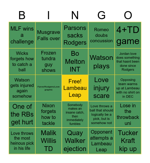 2025 Packers Bingo Card