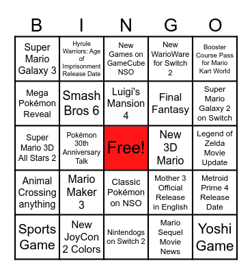 Nintendo Direct 9.12.25 Bingo Card