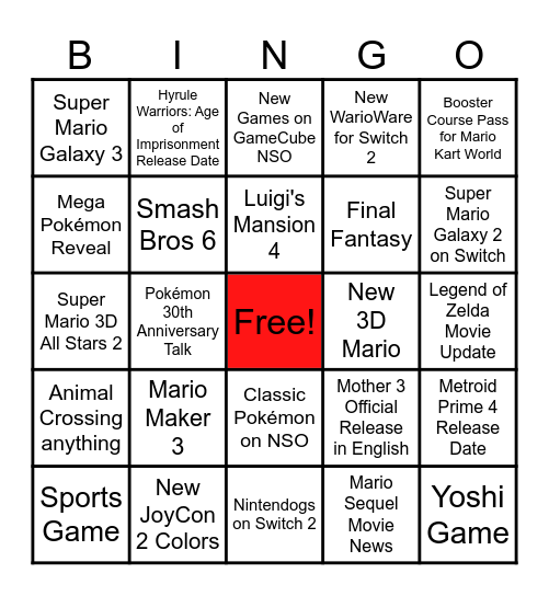 Nintendo Direct 9.12.25 Bingo Card