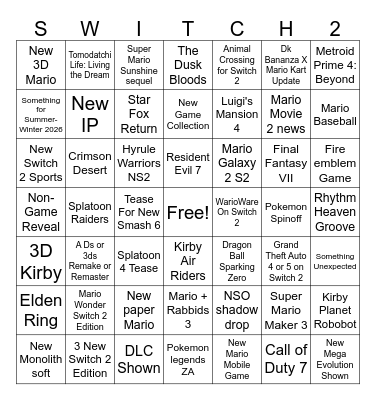 Nintendo Direct 9.12.25 Predictions Bingo Card