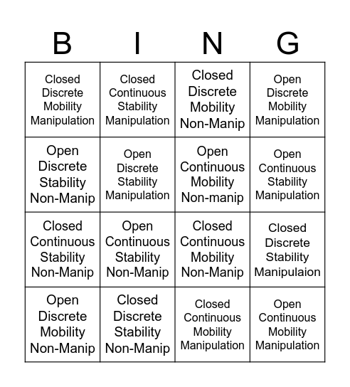 Task Taxonomy Bingo Card