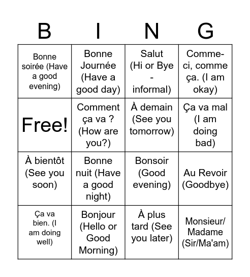 Salutations Bingo Card