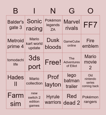 Nintendo Direct Bingo Card
